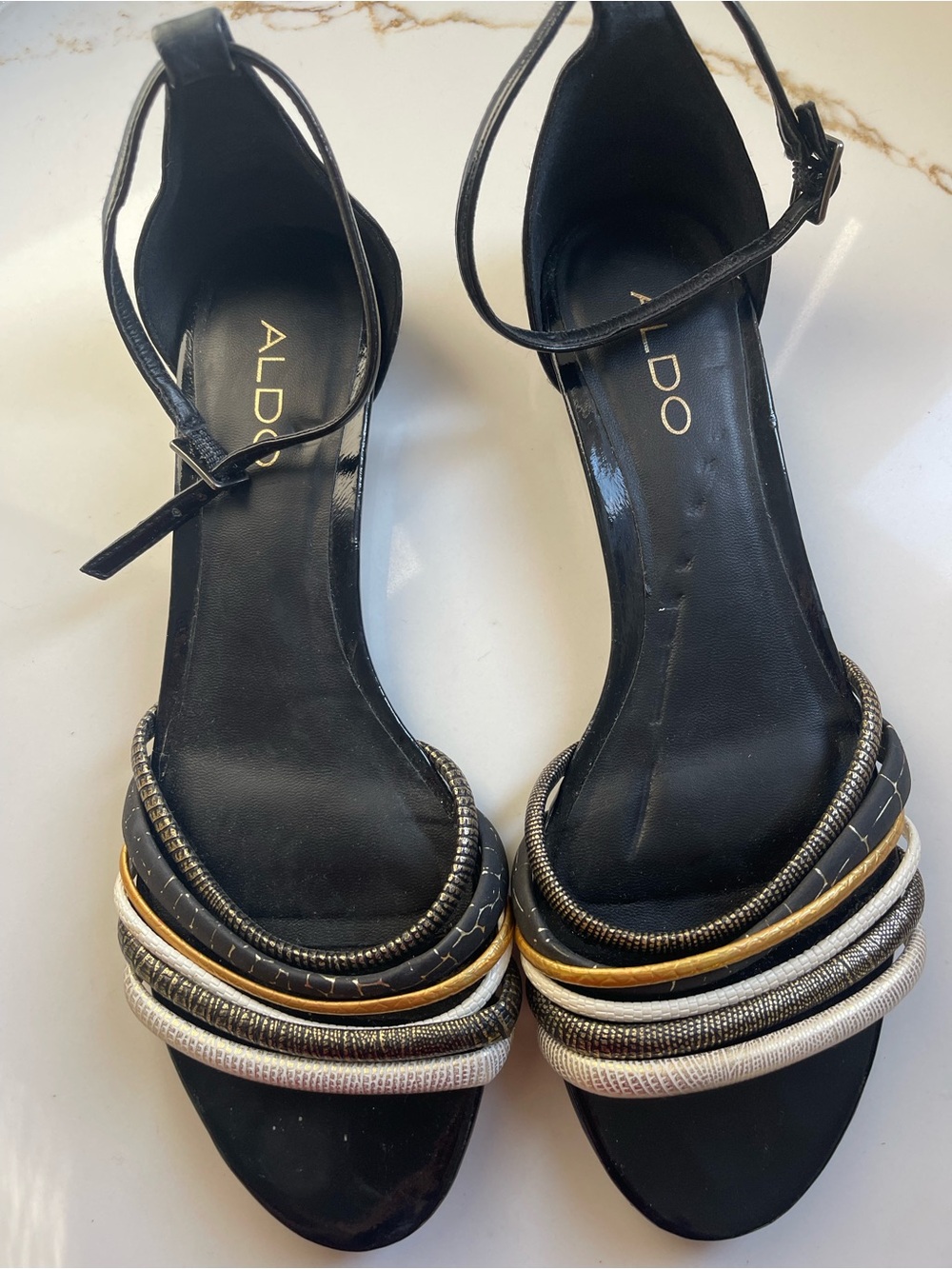 Aldo Black Ankle-Strap Sandals with metallic Bands size 9